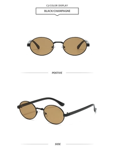 Detail view of oval metal sunglasses in black frame with champagne lenses from two angles