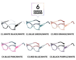 Close-up of butterfly cut-out glasses frames showing six vibrant color gradient options