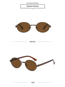 Detail view of oval retro sunglasses with dark brown lenses and metallic frames