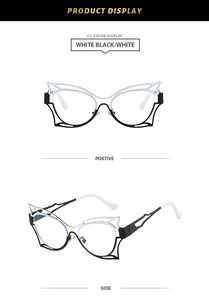 Detail view of black and white butterfly frame glasses with contrast hollow design