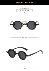 Detail view of vintage polygon sunglasses with a gold metal double bridge design