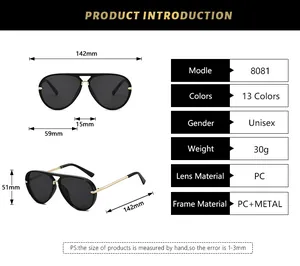 Detailed sizing chart and technical specifications for these classic aviator sunglasses