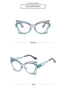 Detail of blue-green and white butterfly cat-eye frames with hollowed double-layer design