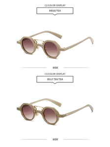 Detail view of retro polygon sunglasses in matte beige and jelly tea colors with metal bridge