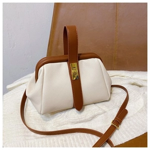 Detail view of cream lychee leather shell bag with vintage gold clasp and brown trim
