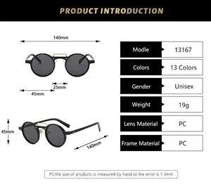 Detailed size chart for retro round double-bridge sunglasses with PC frame and dimensions