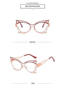 Detail view showing cat-eye frame design and red-orange geometric hollow lines