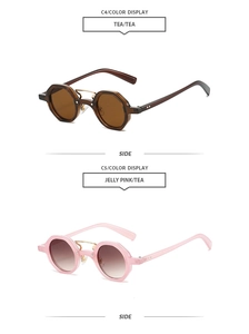 Detail view of tea and jelly pink retro octagonal sunglasses with gold metal bridge