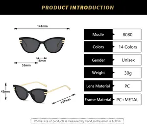 Detailed size chart for retro cat eye sunglasses showing PC frame and metal temple dimensions