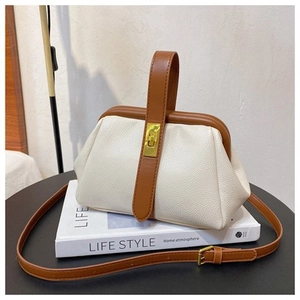 Detail of vintage cream and brown shell bag with gold clasp on a minimalist desk