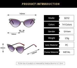 Detailed size guide and technical specifications for cat-eye metal sunglasses