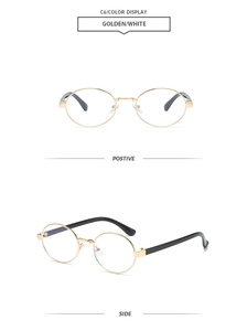 Detail of round vintage gold metal glasses frame with black temples and C6 color display