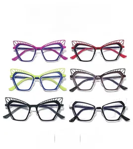 Detail of trendy hollow cat-eye eyeglass frames in six stylish color combinations