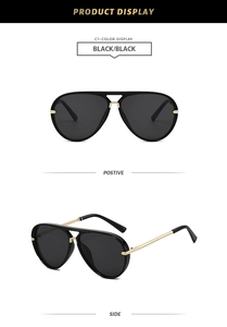 Detailed views of black aviator sunglasses with gold metal bridge and side temples