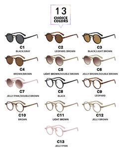 Collage showcasing 13 colors of retro round double-bridge sunglasses with metal frames