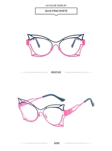 Close-up of stylish pink and blue butterfly frame glasses showing front and side details