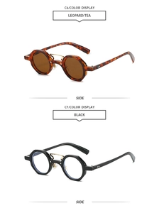 Side view detail of retro polygon sunglasses in leopard tea and classic black finishes