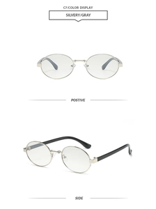 Detailed front and side views of silvery oval metal sunglasses with black temples