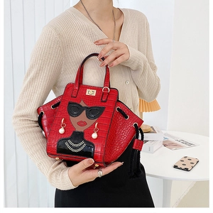 Detailed view of red crocodile pattern handbag with stylish fashion lady illustration