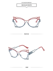 Detail view of cat eye glasses frame with red, blue, and white hollow line design
