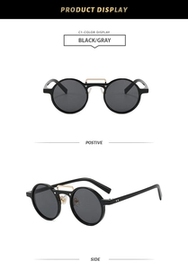 Front and side views of vintage round black sunglasses with a stylish gold double bridge