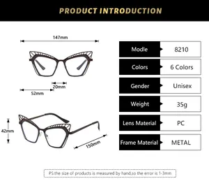 Detailed size chart for hollow metal cat-eye glasses frame with precise dimensions
