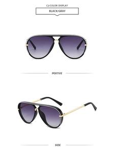 Detail of pilot sunglasses featuring double bridge gold metal frame and purple gradient lenses