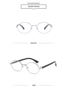 Front and side view of retro round metal sunglasses in silvery and white finish