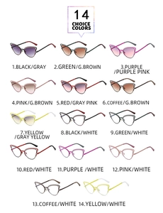Detailed catalog showing 14 color choices of vintage metal cat-eye sunglasses with gradient lenses