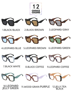 Detailed overview of square rivet sunglasses in 12 assorted frame and lens colors
