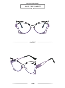 Detail view of cat-eye eyewear frame with hollow ear decor in black and purple finish