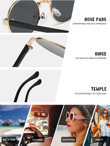 Detail view of round metal sunglasses with durable hinges and scenes for driving or travel