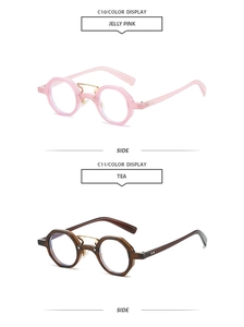 Detail view of retro double bridge polygon sunglasses in Jelly Pink and Tea colors