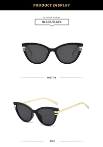 Front and side views of vintage cat-eye sunglasses with black frames and gold metal temples