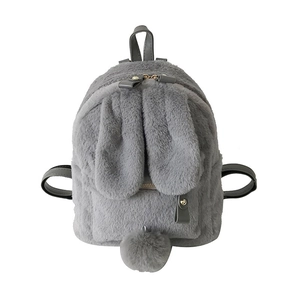 Cute grey fluffy rabbit backpack with long bunny ears and soft faux fur texture