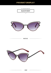 Front and side views of cat eye metal sunglasses with black and gray color details