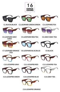 Detailed view of large square frame sunglasses in sixteen trendy color options