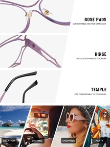 Detail view of purple fashion glasses featuring metal hinges and soft silicone nose pads