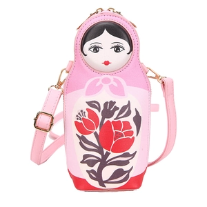 Pink Russian nesting doll PU leather crossbody bag with red tulip floral patterns