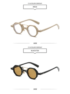 Detailed comparison of double-bridge octagonal sunglasses in beige and black tea colors