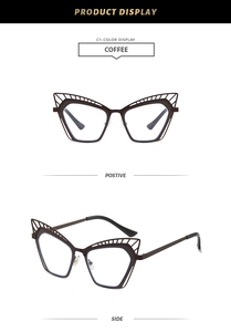Detail view of hollow-out cat-eye glasses frames in coffee color from front and side