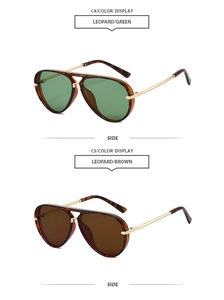 Side view of leopard print aviator sunglasses with green and brown lenses and gold temples