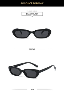 Front and side view of classic black oval frame vintage sunglasses for outdoor activities