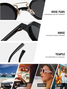 Detailed views of non-slip nose pads, reinforced hinges, and ergonomic sunglasses temples