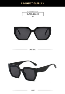 Front and side view of stylish oversized polygonal black sunglasses with dark gray lenses