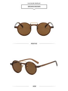 Dual-beam vintage round sunglasses detail with golden bridge and brown frames