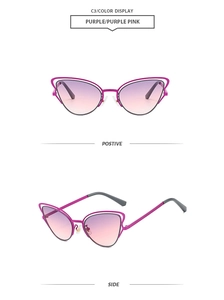 Front and side view of trendy hollow metal cat eye sunglasses with purple gradient lenses