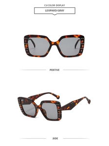 Detail view of leopard print square frame sunglasses with studded rhinestones