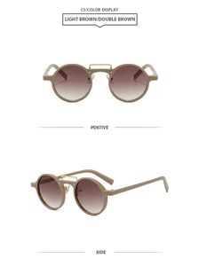 Detail view of vintage round sunglasses with light brown frame and metal double bridge