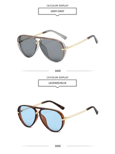 Detailed side view of pilot sunglasses in translucent gray and leopard print styles